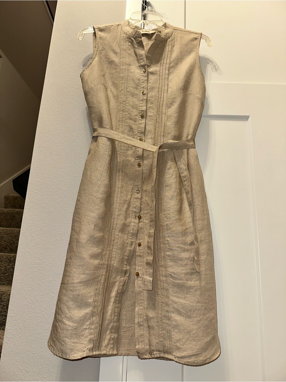 LL Bean Sleeveless Button-Front 100% Linen Dress in Beige size 6